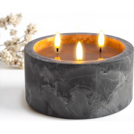LED 3-Docht Kerze in Beton Optik mit Timer batteriebetrieben - 15 x 8 cm - Künstliche Kerze im Keramik Gefäß mit 3 Flammen in  warm weiß