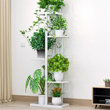 Porte plante en fer etagère de fleur 5 niveaux présentoire de jardin blanc (1/4)
