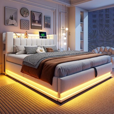 Polsterbett 180x200 cm mit Stauraum, LED-Beleuchtung und USB-Anschluss, Doppelbett aus Samt mit hydraulischem Bettkasten, Beige (1/5)