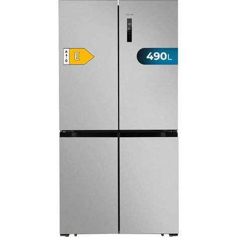 Frigorifero in acciaio inox a 4 porte con 490 l di capacità, alto 183 cm e largo 91 cm, classe energetica E e compressore Inverter Plus.