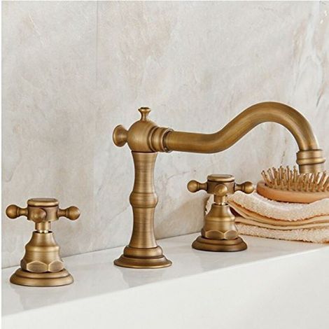 VURAHOME – Massiver Messing-Wasserhahn mit zwei Griffen und drei Löchern, breiter Badezimmer-Waschtischarmatur aus Messing, antike Deckmontage, Badewannenarmaturen, langlebige, flexible Vintage-Wasser (1/5)
