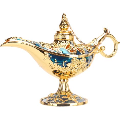 Lampe d'Aladin, Lampe magique elfique à vœux, Lampe du dieu des vœux, Décoration de table pour mariages et fêtes de famille, Or et bleu, 22 cm (1/5)