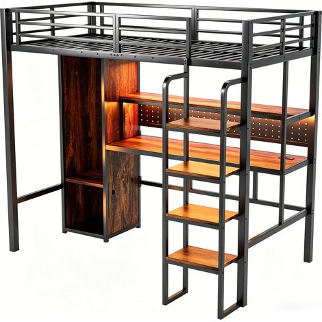 Lit mezzanine en métal, 90 x 200 cm. Escalier vertical, avec grand bureau avec panneau perforé, bande lumineuse LED multicolore, étagère à un niveau, armoire simple, lit simple, noir. (1/5)