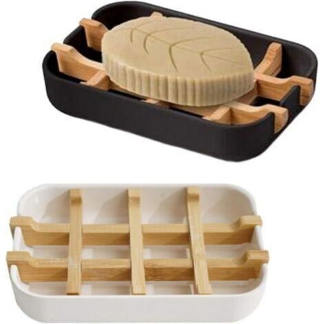 Lot de 2 Boîte à Savon Naturel Porte-Savon en Bois avec Plateau égouttoir Grille de Savon Plateau -Savon Auto-drainant pour Salle de Bain Douche Cuisine (sans Couverture) --blanc+noir (1/5)