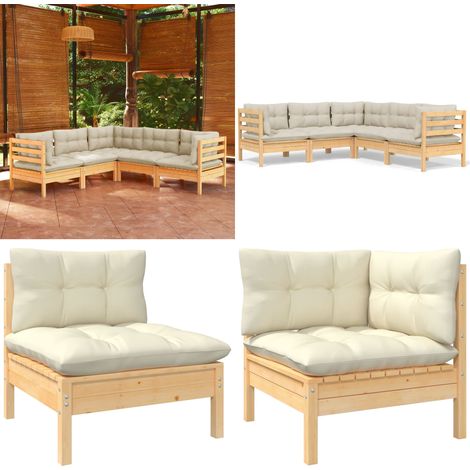 5-tlg. Garten-Lounge-Set mit Creme Kissen Massivholz Kiefer - Gartensessel - Lounge Set - Gartenmöbeln - Rattan Möbel - Outdoor Furniture - Home & Living (1/5)