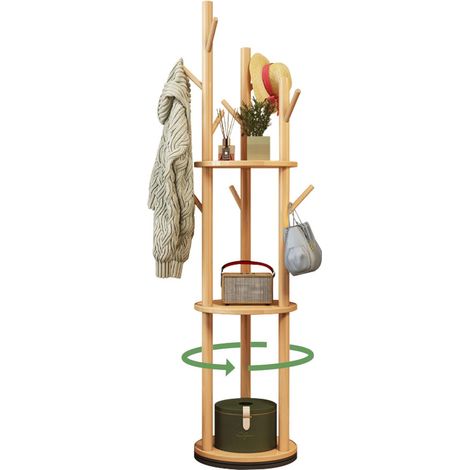 Porte-manteau rotatif en bois avec 3 étagères - Porte-manteau en forme d'arbre avec 9 crochets - Pour vêtements, chapeaux, sacs à main (1/5)