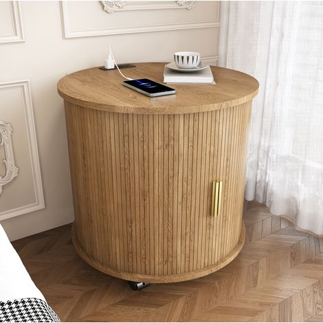 Comodino rotondo con presa di corrente e 2 porte USB, anta scorrevole, vano contenitore, in MDF naturale (1/5)