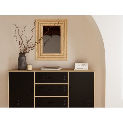 Bestmobilier – Buffet bas 140 cm – Effet bois et métal noir – Structure en MDF et métal – Design industriel moderne pour salon ou salle à manger