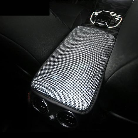 Housse d'accoudoir bling pour console centrale de voiture avec strass en cristal doux pour femmes et filles (Blanc argenté)