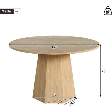 Table ronde 120x120 cm pour 4-6 personnes, design classique scandinave minimaliste, couleur chêne, pièce unique (1/5)