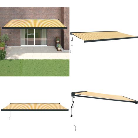 Auvent rétractable jaune et blanc 5x3 m tissu et aluminium - Store Véranda - Auvent Extensible - Abri Solaire - Protection UV - Pergola Murale - Home & Living (1/5)