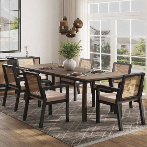 Lot de 6 chaises de salle, en bois, rotin et velours, pour salon et salle à manger, dossier rotin, pieds bois hévéa, ergonomiques