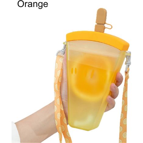 Gourde orange grande capacité de 320 ml avec bracelet de suspension, motif pastèque, paille intégrée, idéale pour l'été (1/5)
