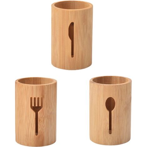 Ensemble de 3 pièces - Boîte de rangement pour couverts en bambou - Boîte de rangement pour couteaux, fourchettes et cuillères - Ustensiles de cuisine pour la maison - 139 cm - Couleur bois (1/5)