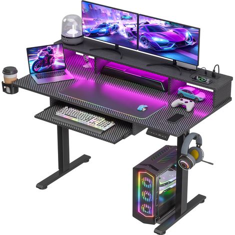 Bureau d'ordinateur - Bureau réglable - WILITTO - table de jeu - Bande lumineuse RVB colorée - 4 niveaux de réglage électrique de la hauteur - 2 prises et 2 ports USB - 120×60×131cm - Noir