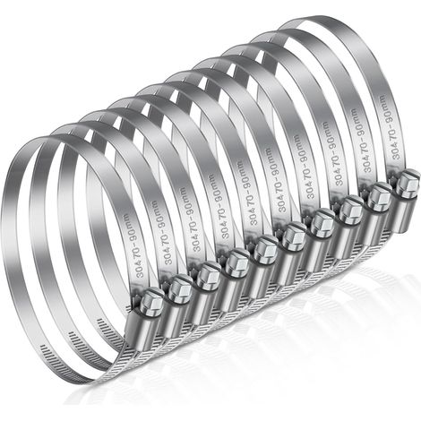 Colliers de serrage en acier inoxydable de 70-90 mm, 8 colliers ajustables pour fixer des tuyaux ou des conduites, pour ventilation, drainage, échappement, tuyau d’eau (1/5)