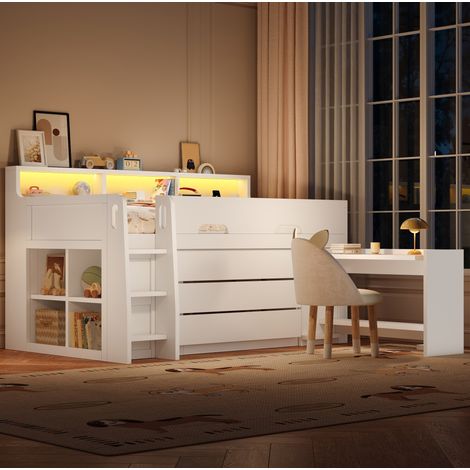Lit mezzanine bas 90 x 200 cm MDF blanc avec bureau mobile et grands rangements pour enfant (1/5)