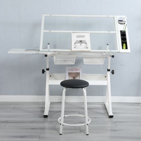 Tavolo da disegno inclinabile 31,5-49,5" con piano in vetro, contenitore e bordo estensibile, bianco acciaio (1/5)