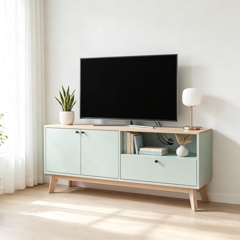 Meuble TV 120 cm, meuble TV pour téléviseurs jusqu'à 36 pouces avec 2 portes, tiroir, compartiment ouvert (uniquement avec 1 meuble TV) (1/4)