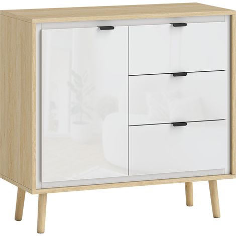 Credenza Moderna con 3 Cassetti e Armadietto Ante Lucide Bianco e Rovere