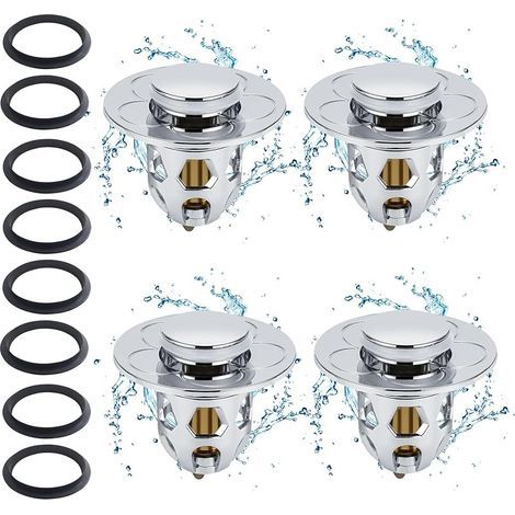 Pop Up Anti-Clogging Basin Plugs, 4 Pack + 8 Universal Sealing Gaskets, Bounce Core, Easy Installation for Kitchen, Bathroom, Tub, Sink (1/5)