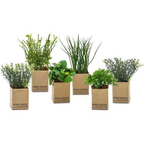 Künstliches Kräuter Sortiment - 6er Set - Kunstpflanze mit Papier Blumentopf - Schnittlauch Petersilie Basilikum Minze Rosmarin Thymian Kunst Topf Pflanze Kunstblume Dekorpflanze