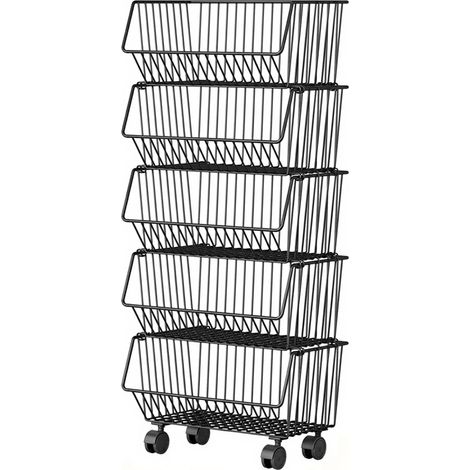Étagère de rangement à 5 niveaux en fil métallique, à roulettes, pour fruits et légumes de cuisine, noire
