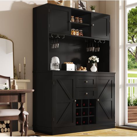 Credenza alta da cucina 120x40x188 cm in MDF con ripiani regolabili, vinoteca, 4 ante e 2 cassetti, nera (1/5)