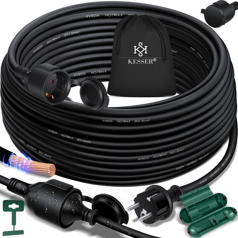KESSER® Verlängerungskabel mit Schutzkappe Outdoor - für Innenbereich Außenbereich - Verlängerung Stromkabel  230 V IP44 - mit Schuko Stecker   Schwarz / 50m