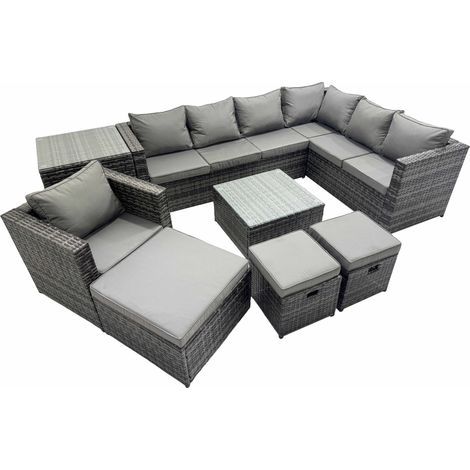 Fimous Outdoor PE Rattan Garden Furniture Sofa Set with Square Coffee Table Chair 3 Stools Side Table Dark Grey (1/5)