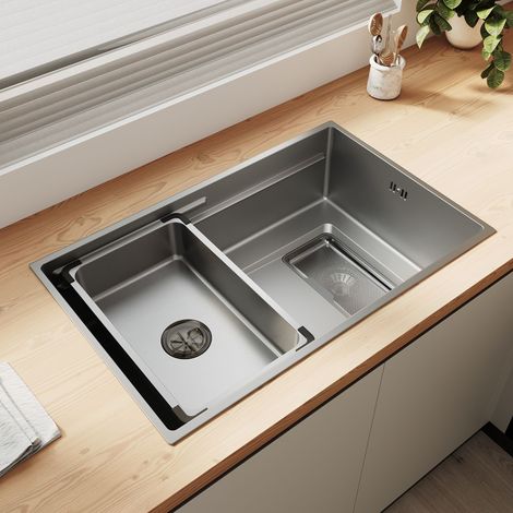 SIRHONA Évier 1 bac inox 304 nano argenté à bord étroit, finition 3D grains de riz, dimensions 70x44 cm, égouttoir et grille inclus profondeur 22.4 cm