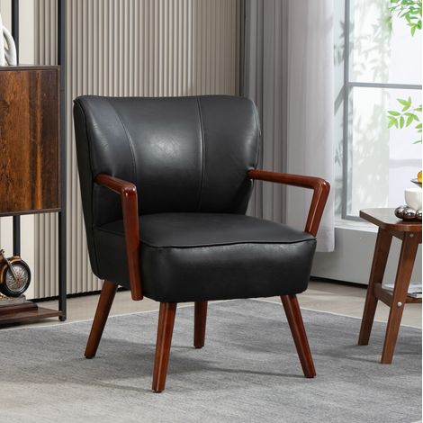 Sillón tapizado con reposabrazos, asiento acolchado, respaldo curvado, cuero sintético y madera negra (1/5)