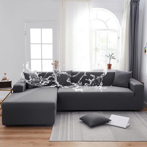 Copertura per divano impermeabile ed estensibile in tessuto silk milk, colore grigio uniforme, copertura completa (90–140 cm), senza copertura per cuscini