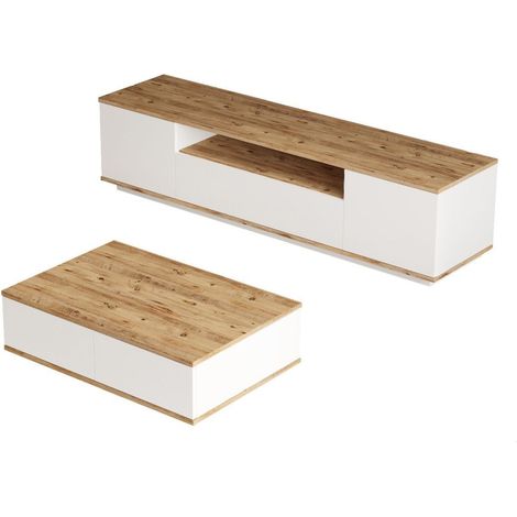 Ensemble meuble TV et table basse blanc & effet bois - Ravia