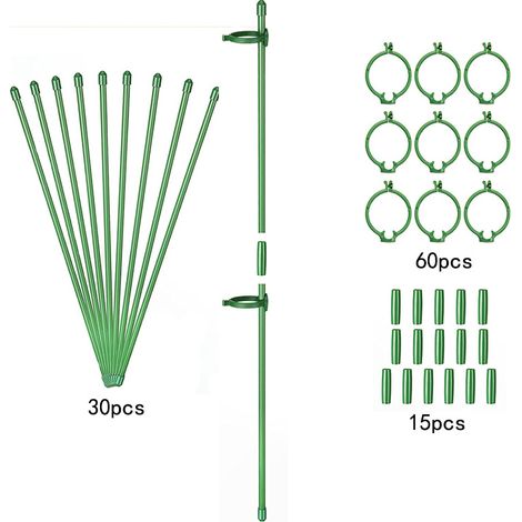 Lntyq 30 Stück verstellbare Pflanzenstützstäbe, 30 cm erweiterbarer Einzelstab-Gartenstützstab, Pflanzenkäfig-Stützringe mit 60 Clips und 15 Schlauchanschlüssen (1/4)