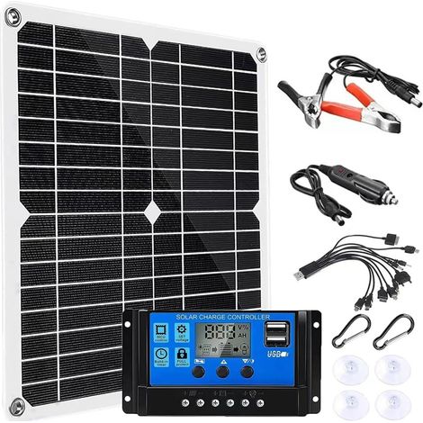 Kit panneau solaire 18 V avec contrôleur de charge et pinces de batterie pour éclairage marin, moto et extérieur - Autonomie de 8,1 heures