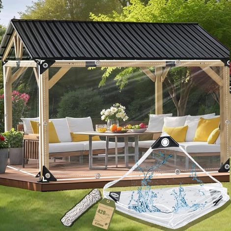 Bâche transparente avec œillets, imperméable et indéchirable avec corde - 420 g/m² - En PVC - Rideau d'extérieur pour balcon, terrasses, extérieur - 1,5 x 3 m (1/5)