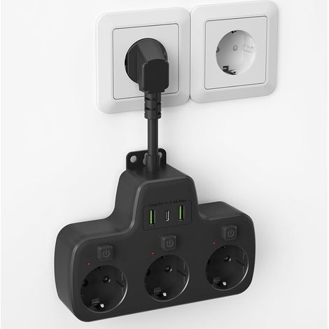 Prise Multiple avec Interrupteur Individuel, Multiprise 3 Prises avec USB C Bloc Multiprise Electrique Murale, Adaptateur Triple Prise USB Chargeur, Câble Court 0,1M pour Cuisine, Bureau, Noir (1/5)