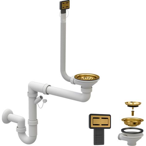 Granitan – Siphon de lavabo doré mono-chambre manuel compact – Système anti-débordement – Drain 115mm pour éviers rectangulaires (1/5)