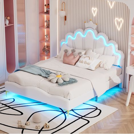 Lit adulte 140x200 LED couronne PU blanc MDF HAVRYA (1/5)