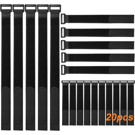 Ensemble de 20 attaches de câble en nylon noir, sangles de câble réutilisables, attaches de câble réglables, sangles de serrage multifonctionnelles à velcro (20 cm/30 cm/40 cm) (1/5)
