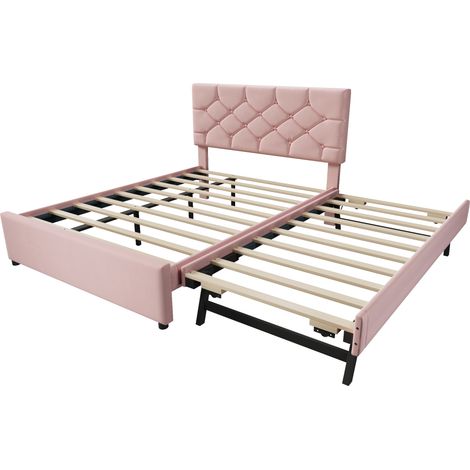 Letto imbottito 140x200 cm con rete a doghe e letto estraibile rosa in velluto e MDF (1/5)