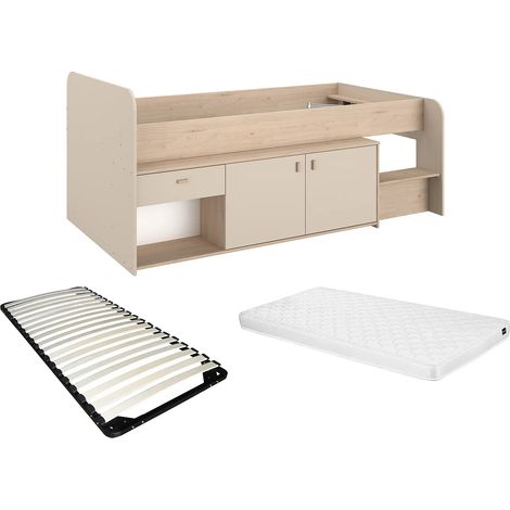 Letto mezza altezza 90 x 190/200 cm con contenitore – Beige e naturale + Rete + Materasso - LUNOBI (1/5)