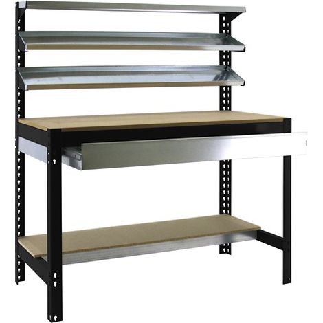SimonRack Etabli d’Atelier avec Tiroir à Glissières Télescopiques, Capacité de Charge 600 kg, 1445x1510x760 mm, 3 Étagères Supérieures, Table de Travail Bricolage, Anthracite/Bois - Bt-1 (1/4)