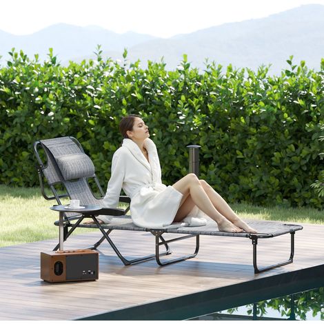 Transat pliant jardin Gris trou lecture dossier réglable 4 niveaux appui tête 145x72x89 cm