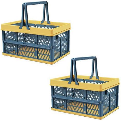 Disponible en deux couleurs : bleu et jaune. Matière : panier de rangement pliable en plastique PP avec poignée.