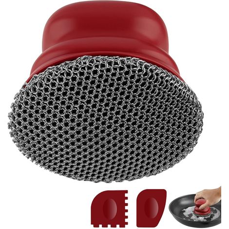 Brosse à récurer pour poêle en Fonte, Nettoyeur de casseroles avec 2 racloirs, Brosse de Nettoyage pour Vaisselle, casseroles, poêles, Grills (Rouge, Grande Maille de chaîne) (1/5)