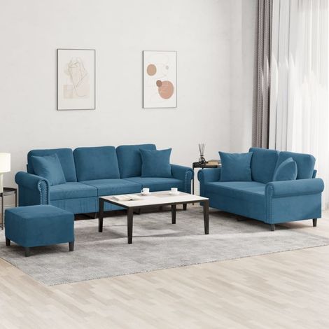 3-tlg. Sofagarnitur mit Kissen Blau Samt (1/5)