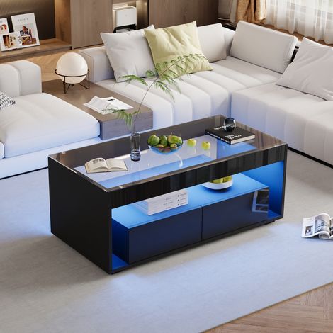 Table basse moderne avec LED 16 couleurs, table canapé rectangulaire avec 2 grands tiroirs, table de salon spacieuse en verre, design double couche, finition brillante, noir