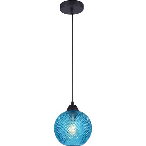 Merano Fresno Dome Suspension Plafonnier Verre Bleu, Métal Noir LED E27